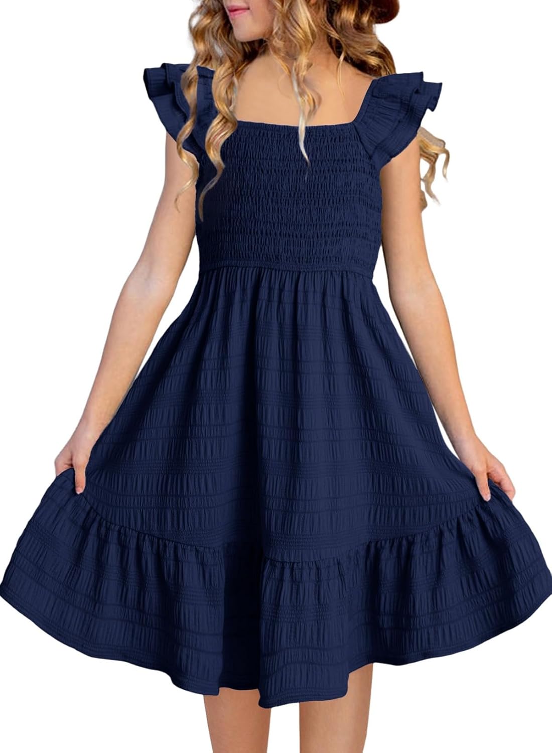 DOKOTOO KIDS Girls Summer Dresses Cute Double Layer Ruffle Sleeve Smocked Flowy Dress 6-15 Years