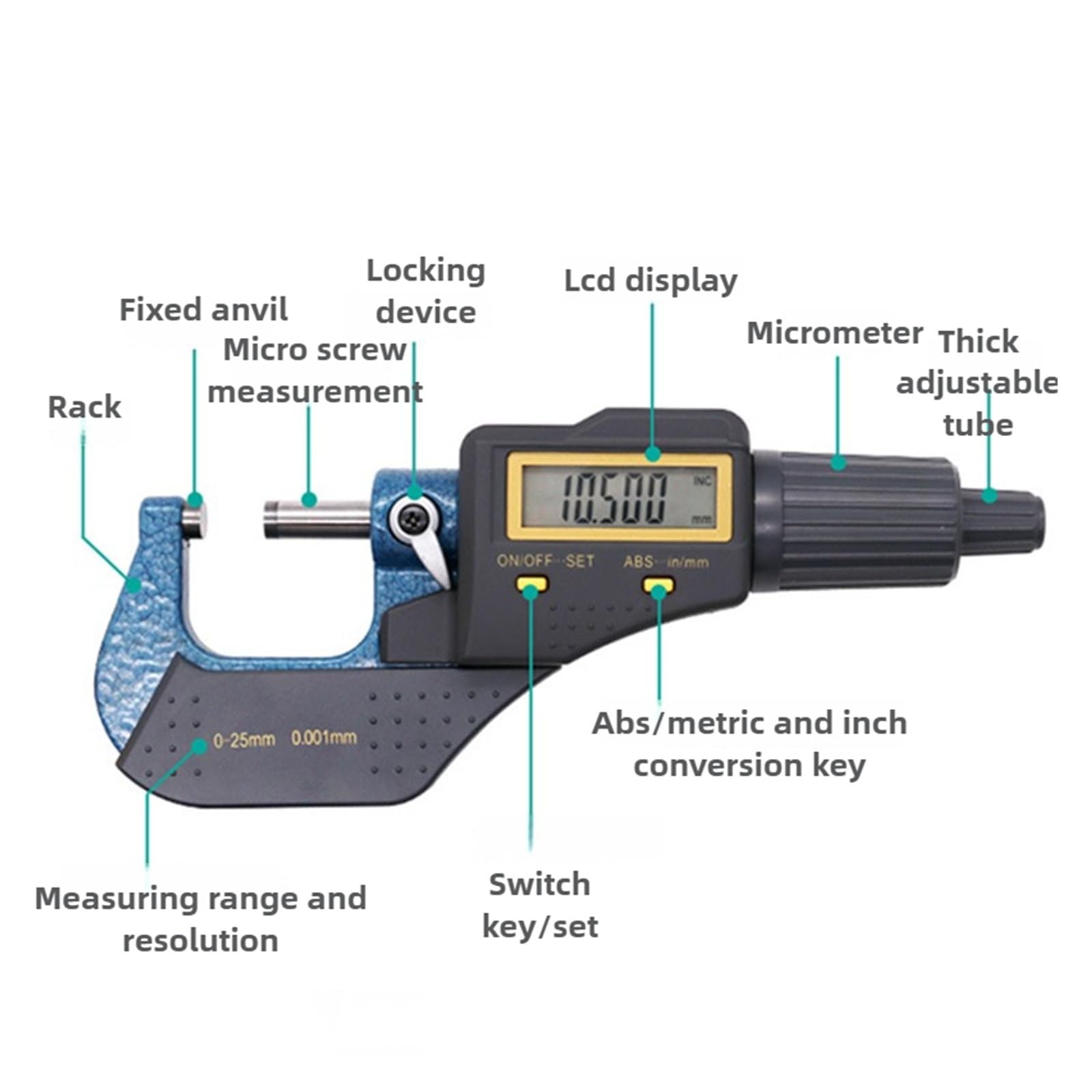 Micrómetro digital portátil de 0 a 25 mm for exteriores, con pantalla LCD, 0,001 mm, con caja Lecturas precisas