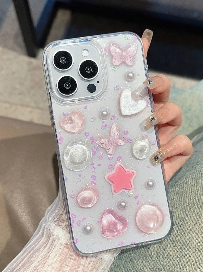 COVERLY for iPhone 16 Pro Max 3D Luxury Butterfly Resin Phone Case,Trendy Translucent Cute Hard Epoxy Art Crystal Clear -Non Yellowing Love Heart Pearl Princess Cover for Apple iPhone 16 Pro Max