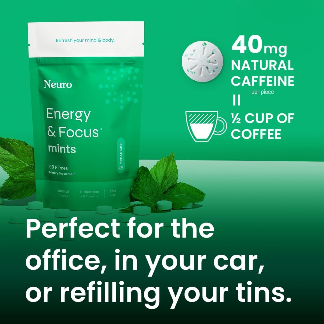 Neuro Energy & Focus Mints - Sugar Free Breath Mints with 40mg Natural Caffeine, B Vitamins & L-Theanine - Vegan Brain Supplement for Exercise, Study & Daily Focus - Spearmint, 90 ct - Image 2