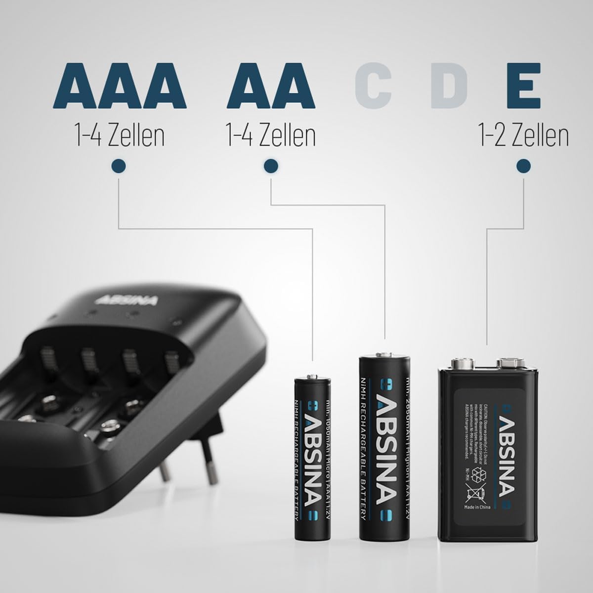 ABSINA Ładowarka do akumulatorów AA AAA i 9 V blok wraz z 4 bateriami AA 2900 - ładowarka NiMH 4-drożna do akumulatorów wielokrotnego ładowania - ładowarka do akumulatorów z bateriami - akumulatory z