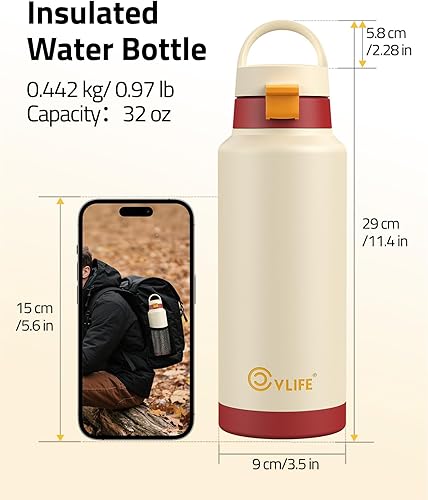 Miniatura 2 de CVLIFE Botella de agua aislada de acero inoxidable con popote para deportes y viajes, botella de agua deportiva sin BPA, 32 onzas, crema de fresa