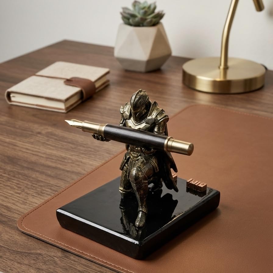 Image of Pen Holder Sculpture Eco PLA Water Resistant Scratch Resistant Desk Organizer 5x4x3 Inches Satin Silk Metallic Finish Armour Decorative Tool Stand (Antique Gold)