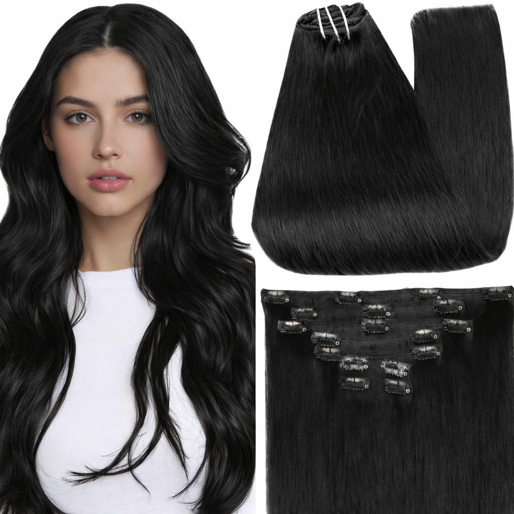 Fshine Clip in Hair Extensions Human Hair, 1B Natural Black, 10 Inch, 95G, 7 Pcs, Double Weft Real Remy Brazilian Hair, Add Volume for Bob Hair, Thick Asian Hair, Short Hair Topper, Easy Clip Glueless — view 16