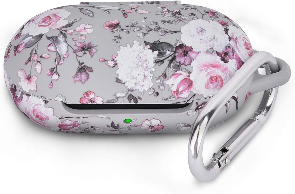 AIRSPO Silicone Case Cover for Galaxy Buds/Galaxy Buds+ Plus Full Protective Samsung Galaxy Earbuds Case with Carabiner Keychain 2020 Earbuds Accessories (Grey Pink Flower)