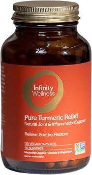 Infinity Wellness Pure Turmeric Relief Capsule Jar, High Potency Curcumin Supplement, USDA Certified Organic Supplement with Black Pepper and Ginger, Raw, Vegan Gluten Free