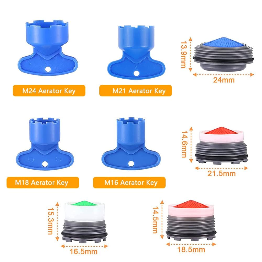 BouGPeng 16 Piezas Aireador Grifo M24 M22 M18 M16 Macho Boquilla Fregadero 24mm 22mm 18mm 16mm Aireadores con Llave Filtro Economizador de Agua para Grifo de Lavabo de Cocina y Baño