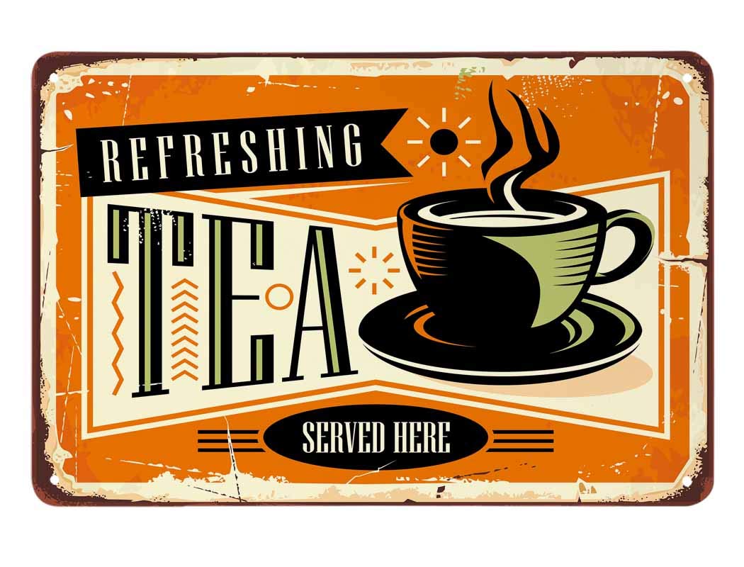 SMAZDFXX Tea Tin Sign,Refreshing Tea Service Here Dark Yellow Vintage Metal Tin Signs for Cafes Bars Pubs Shop Wall Decorative Funny Retro Signs for Men Women 8"x12"