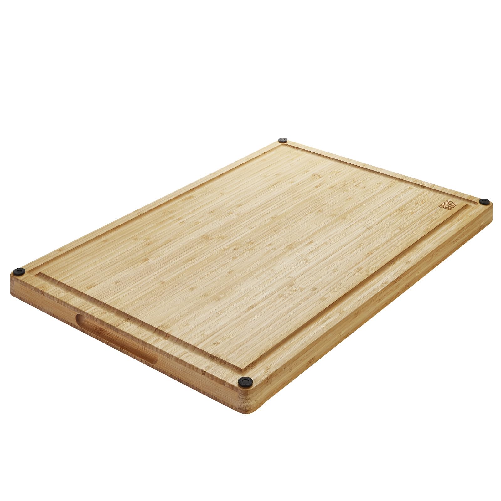 ORGA-BOX XXXL Schneidebrett massiv geölt aus 100% Bambus mit Griffmulde u. Saftrille | 61x40,5x3,2 cm | antibakteriell und rutschfest inkl. Silikonfüßen| zum Schneiden oder Anrichten von Lebensmitteln