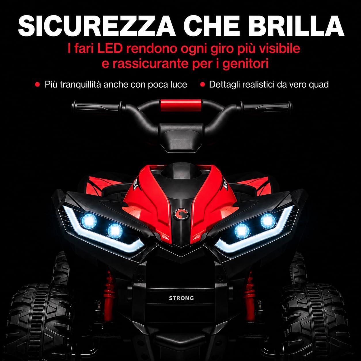 TOYSCAR Quad Elettrico per Bambini 12V Falcon X, Quad Bambini 3-5 Anni, 2 Motori 35W, Telecomando, Sedile in Pelle, Fari LED, MP3 USB, Ruote off-Road (Rossa)