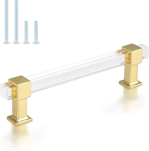 knobelite Paquete de 15 manijas de gabinete de cocina con centro de agujero de 5 pulgadas, tiradores de cajón dorados modernos con tubo acrílico