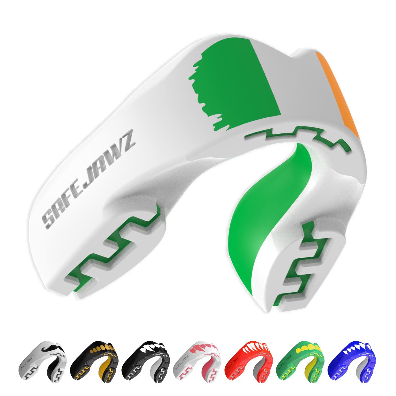 SAFEJAWZ Mouth Guard, Dual Layer Gum Shield for Juniors with Case, Easy Fit Remouldable Kids Gumshield for Rugby, Boxing, MMA, Hockey & All Contact Sports (Child <11 Years, Ireland Flag White)