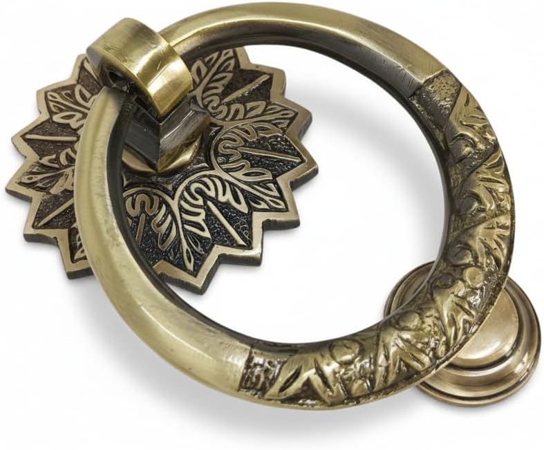Decorative Golden Brass Door Knocker Victorian Style Brass Door Knocker Door Décor with Antique Finish Heavy Duty Brass Round Maharaja Door Knocker (Carving)