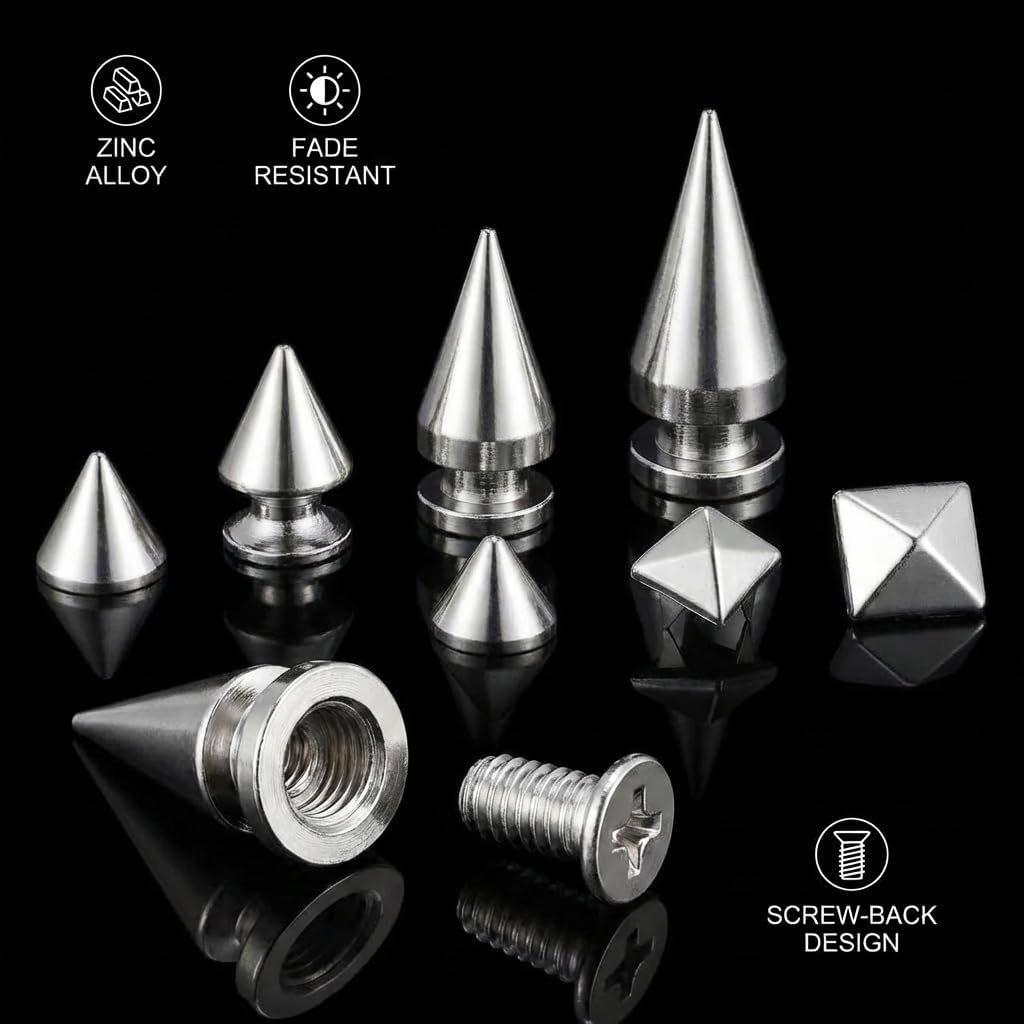 700 Pcs Punk Spikes and Studs Kit, Secure Screw-Back Leather Rivets for Crafts, Mixed 8 Size Cone Spikes and Square Pyrami Studs DIY Decoration for Biker Jackets, Shoes & Dog Collars