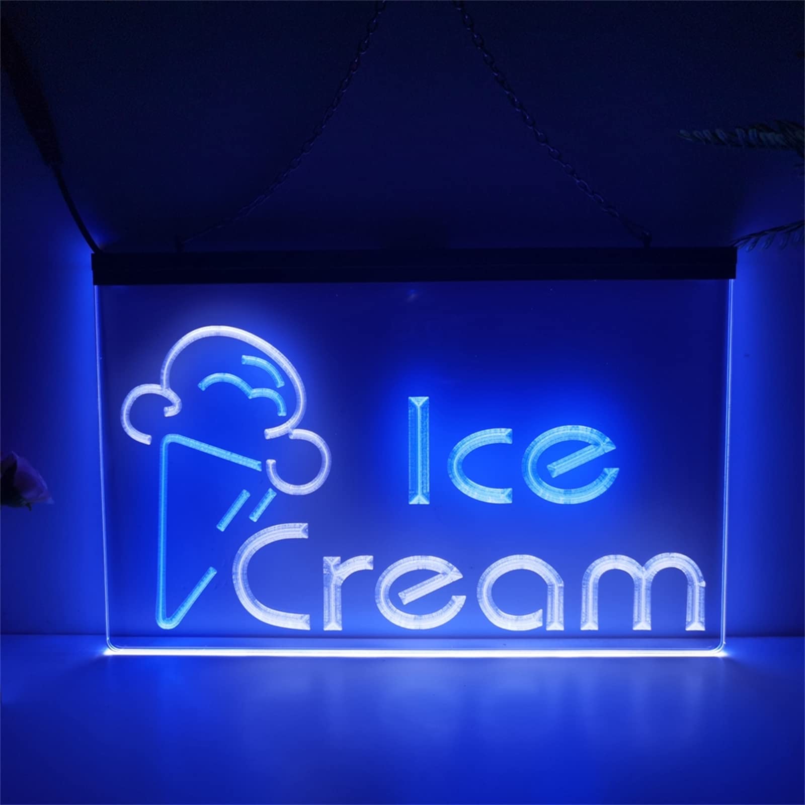 REWIS Ice Cream LED Neon Signs, USB Powerd 3-Level Dimming Neon Lights, for Ice Cream Shop Hanging Signboard,White Blue,30x20cm