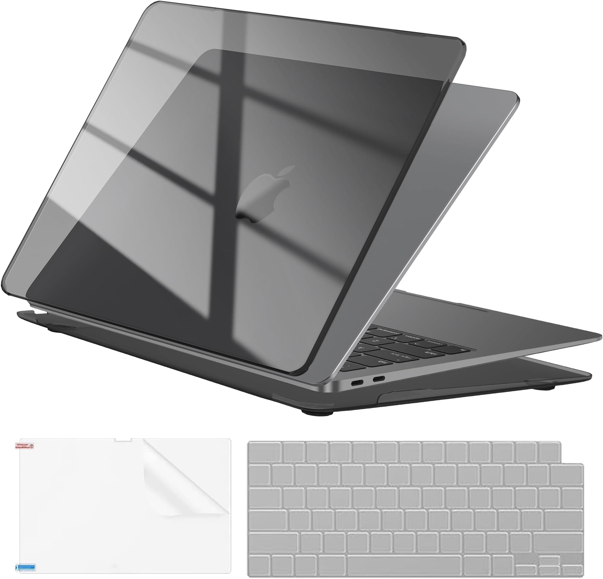 EooCoo Hard Case Compatible with MacBook Air 13.3 inch M1 Chip 2021-2018 with Retina Display, Air 13.3 inch Plastic Protective Case + Transparant Keyboard Cover + Screen Protector, Crystal Black