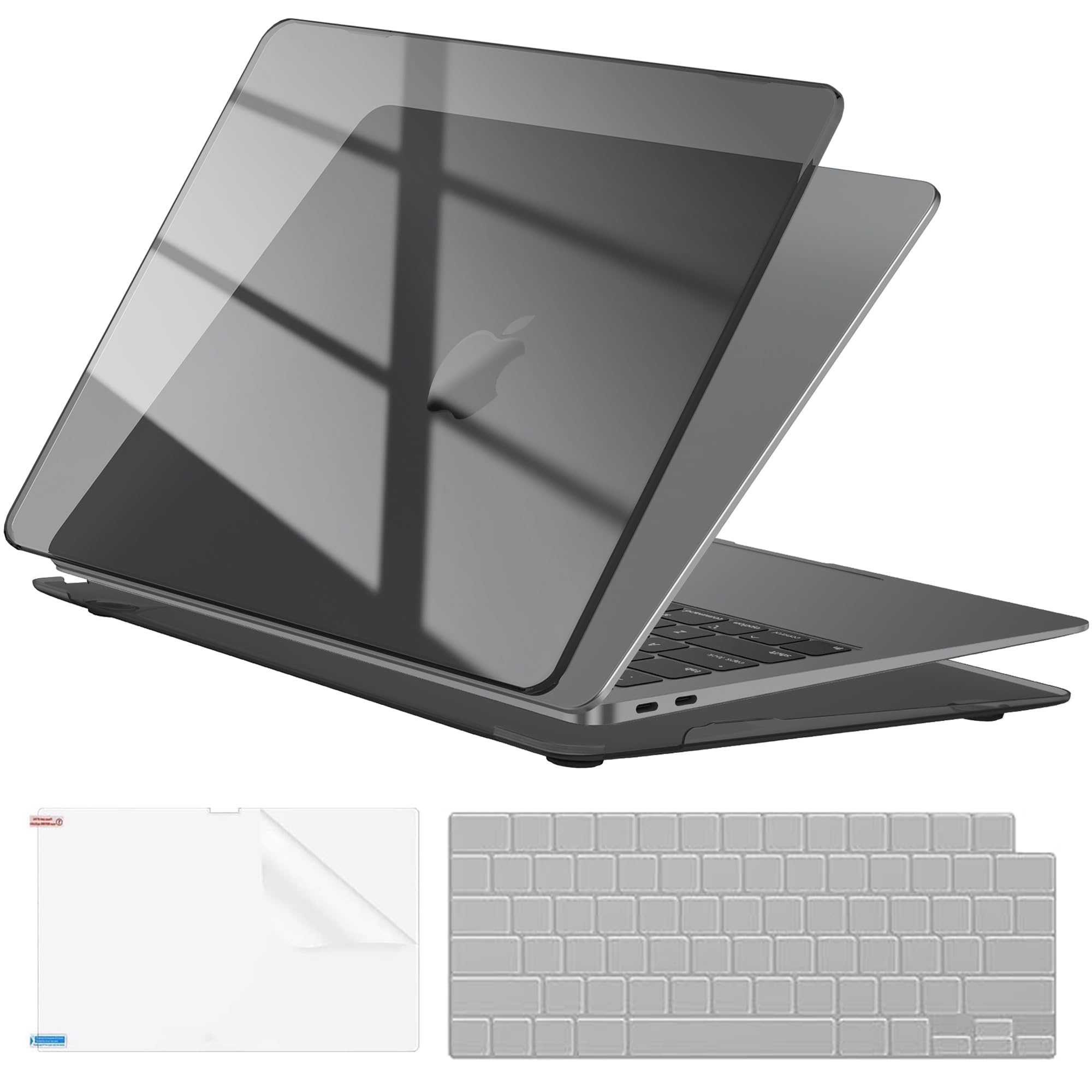 EooCoo Hard Case Compatible with MacBook Air 13.3 inch M1 Chip 2021-2018 with Retina Display, Air 13.3 inch Plastic Protective Case + Transparant Keyboard Cover + Screen Protector, Crystal Black