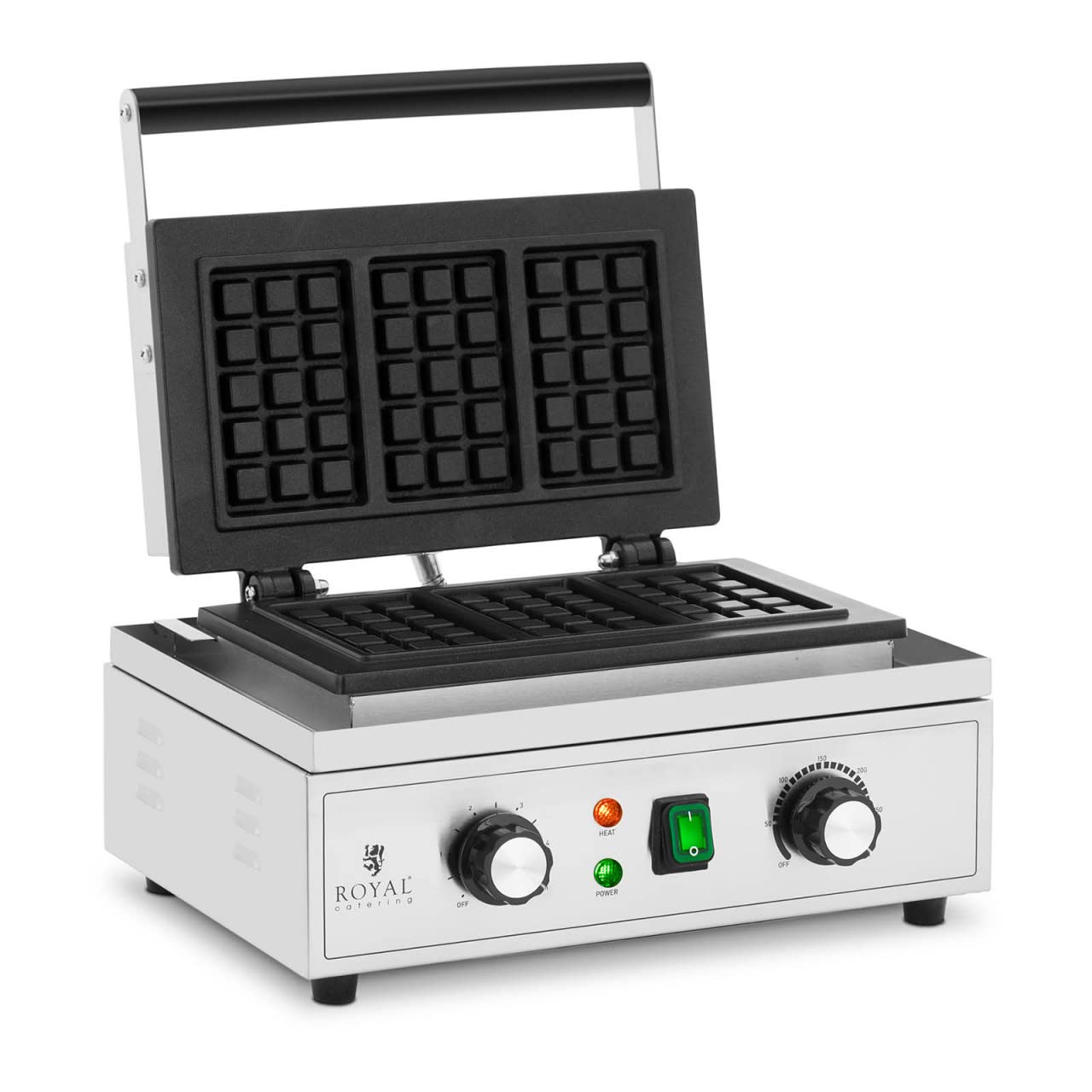 Royal Catering RCWM-2000-E3 - Gofrera (3 gofres belgas, 1500 W, 50-300 °C, 0-5 min, temporizador, gofrera automática)