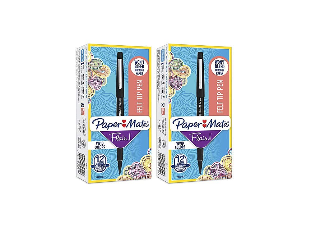 Paper Mate 2 Pack Flair Felt Tip Pens, Medium Point (0.7mm), Black, 12 Count/Pack (Packaging may vary)