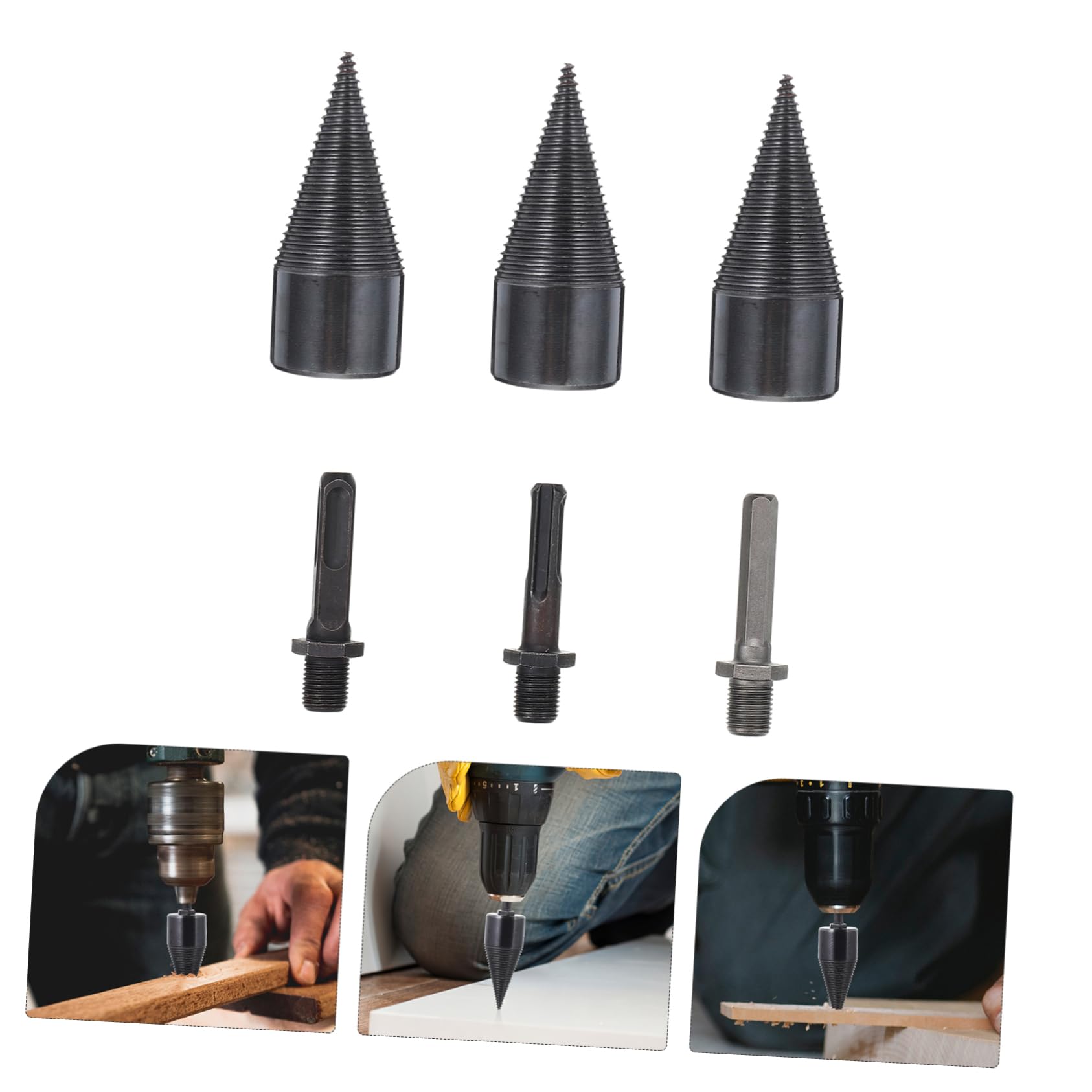Happyyami Broca Cónica para Parte Troncos de Acero Negro, Juego de 3 Piezas para Partir Madera Fácilmente Taladro Eléctrico, Adecuado para Cortar Leña en Exteriores