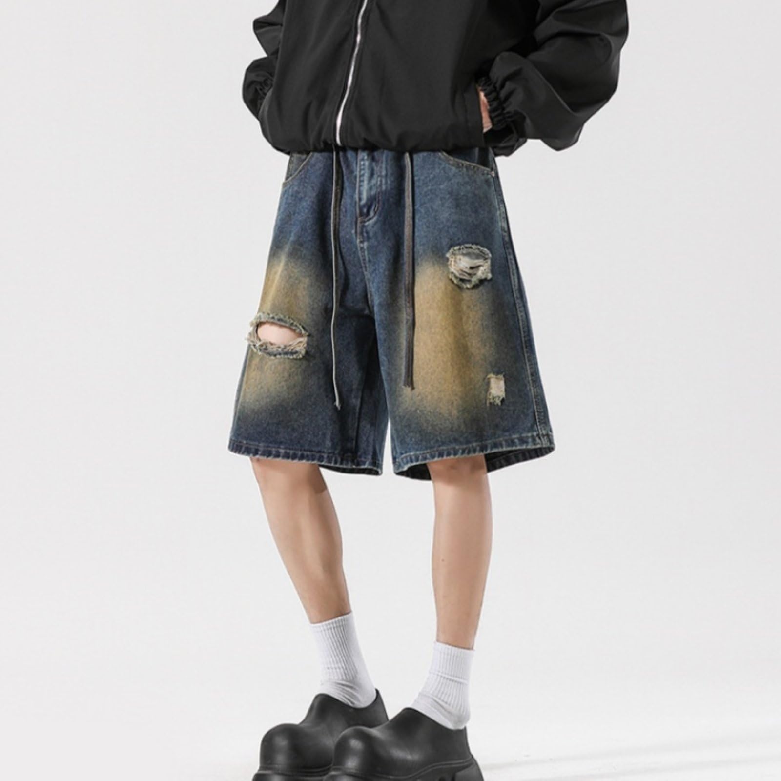 Męskie Y2k vintage podarte szorty dresowe bojówki z elastycznym pasem i sznurkiem, dżinsowe streetwear