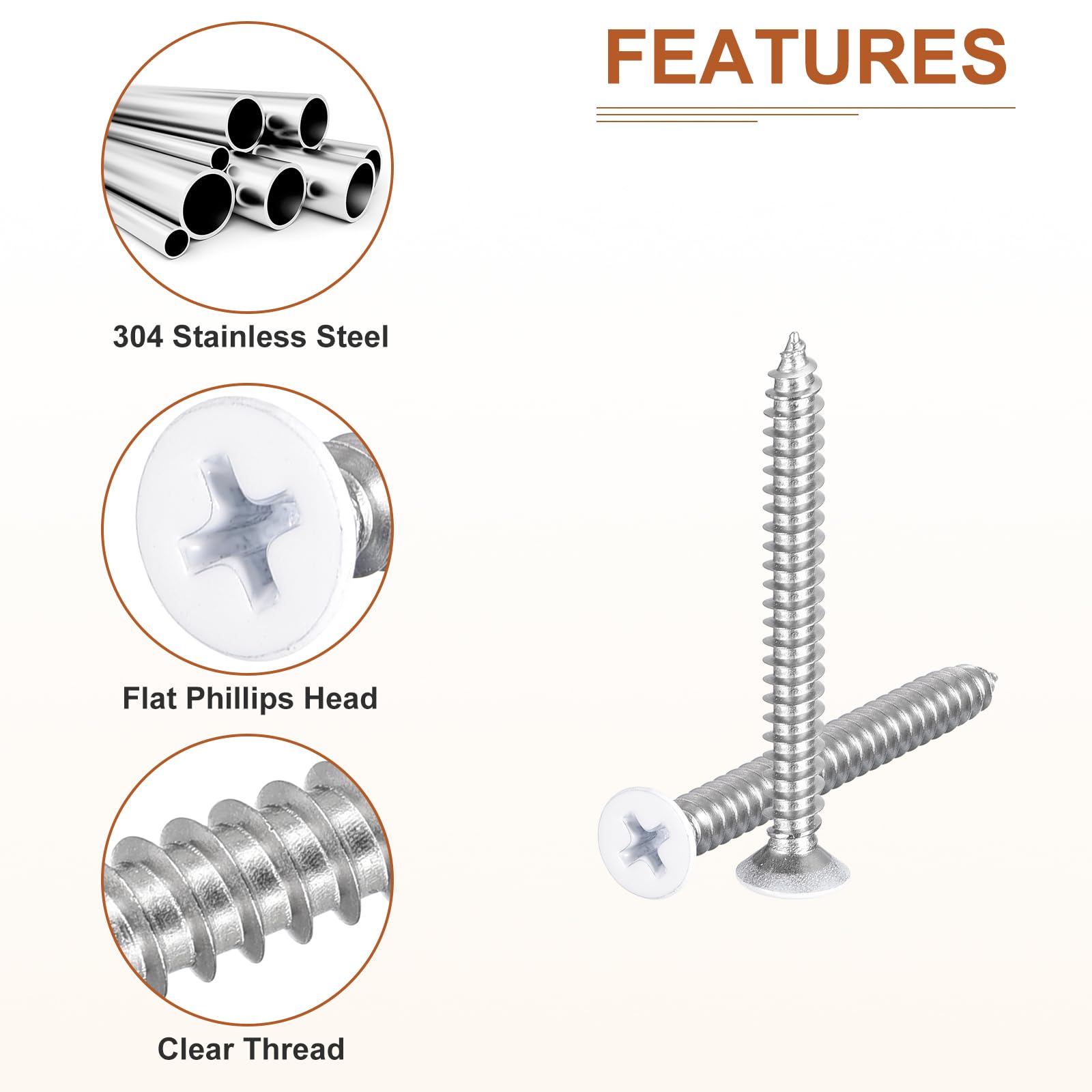 DTGN 50Pcs ST5x50mm Flat Head Wood Screws, 304 Stainless Steel White Phillips Self Tapping Screws - Image 4
