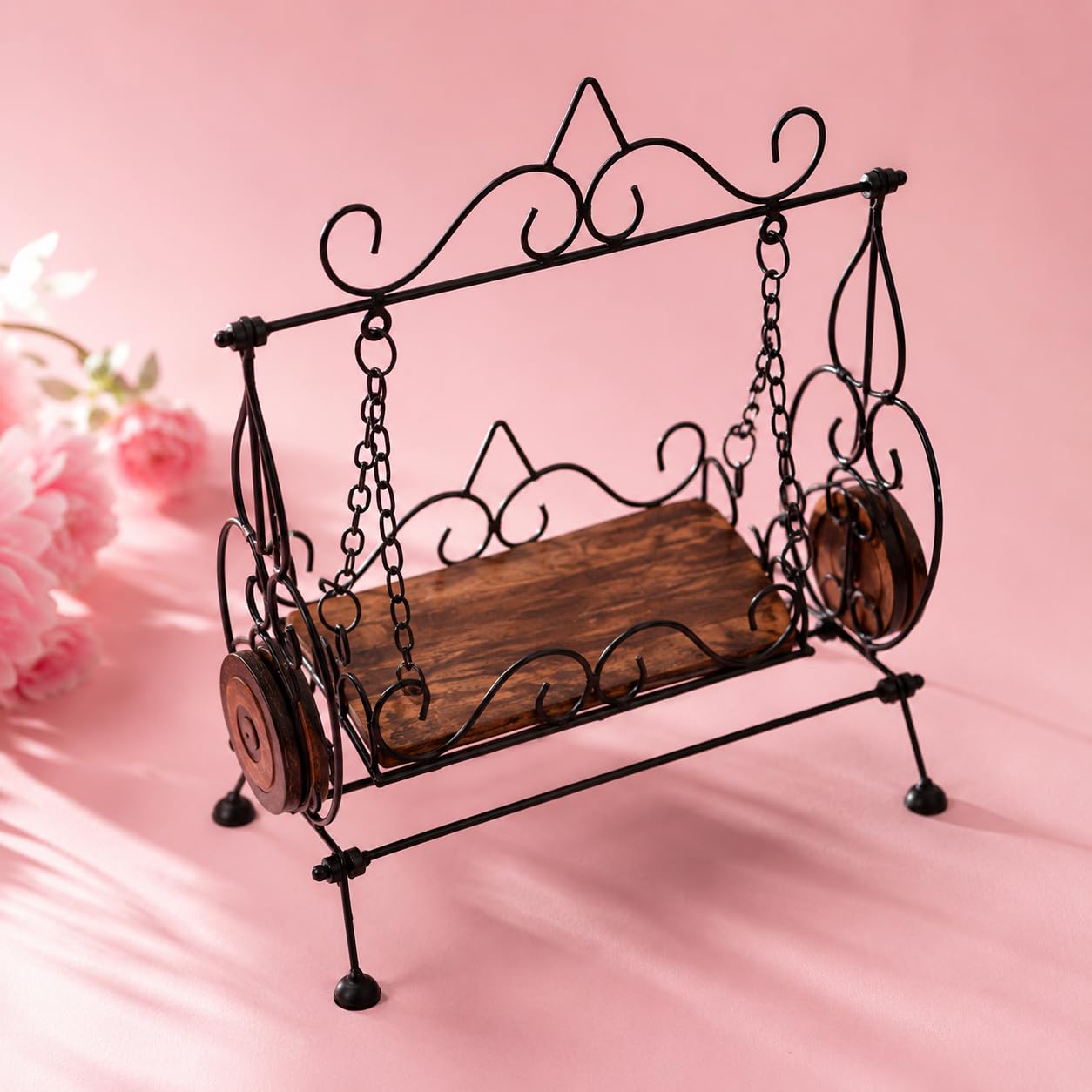 Decorative Miniature Swing Jhula, Iron & Wood, Antique Black | Wrought Iron Frame, Wooden Seat, Assembles Easily, Tabletop Decor, Traditional Design-image-4