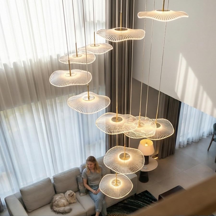 Image of ziidoo High Ceiling Chandelier - 32-Light Dimmable Modern Gold Long Spiral Luxury Linear Lotus Leaf Led Lamp Hanging Pendant Lights for Foyer Enterway Staircase Villas