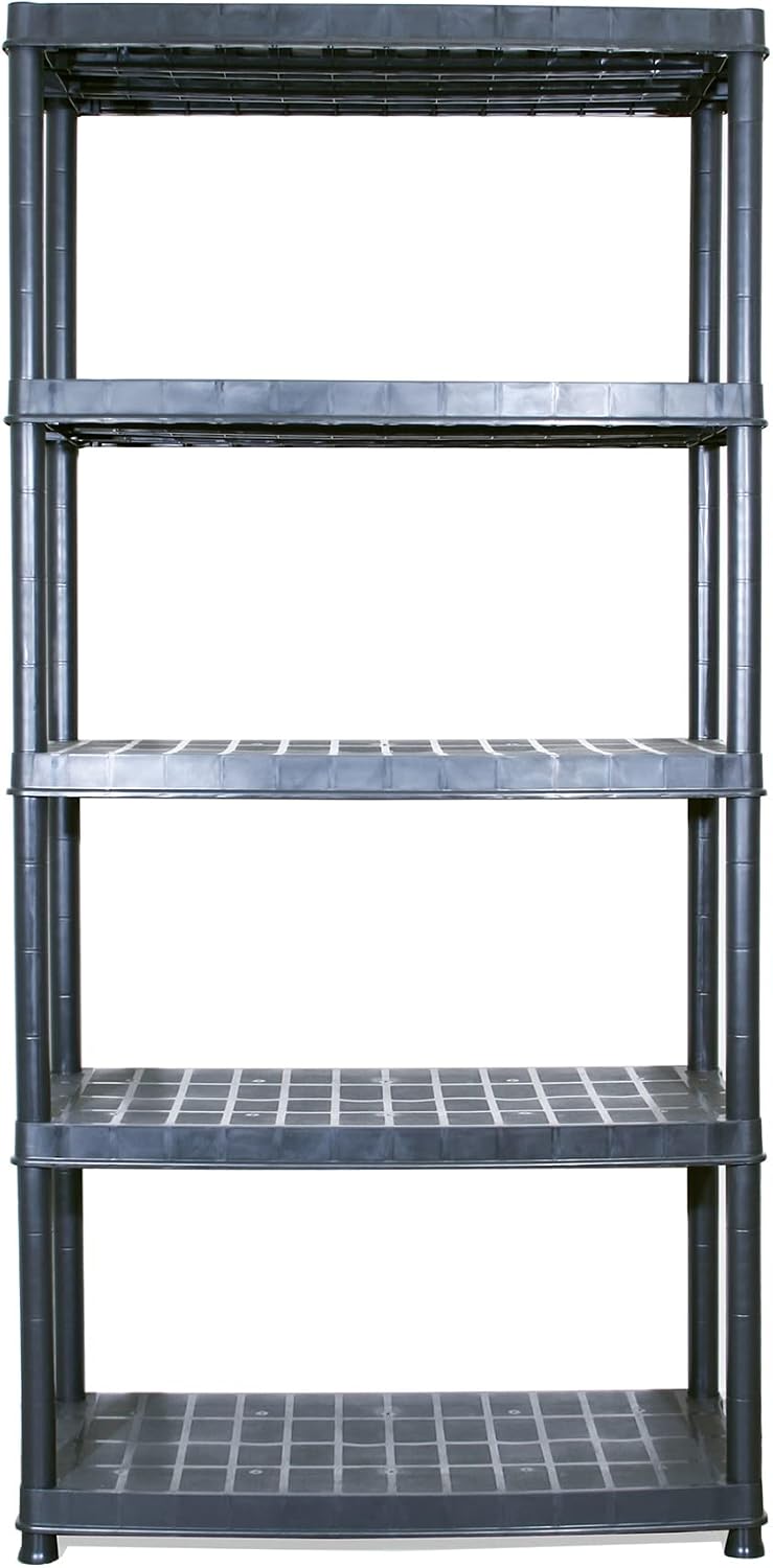 Ram Quality Products Deluxe 5 Tier Plastic Utility Storage Shelf Unit System for Garage, Shed, or Basement Organization, Black