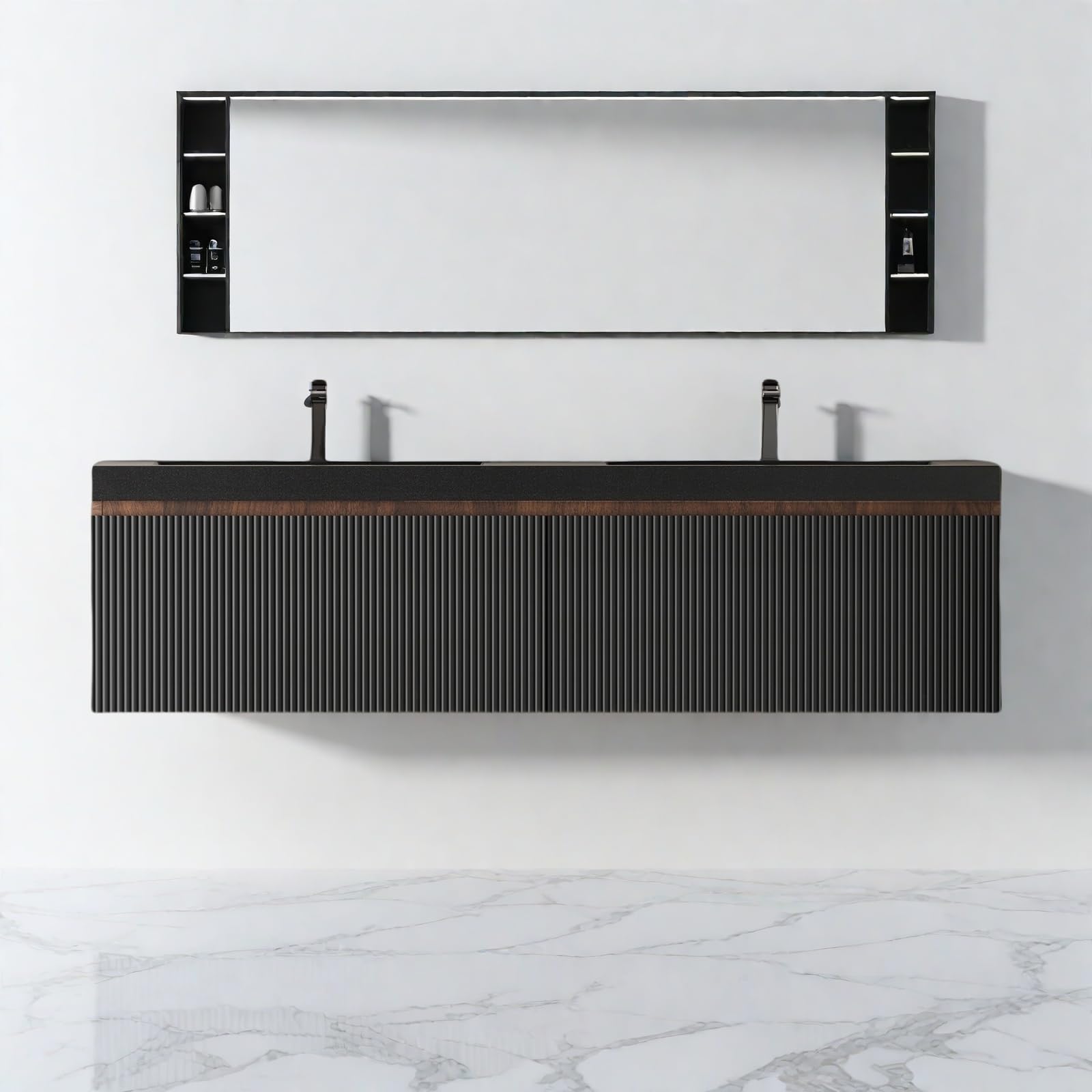 Wall Mounted Bathroom Sink Vanity, Modern 60" Floating Vanity with 2 Resin Top Basins and 2 U-Shaped Soft-Close Storage Drawers, Striped Bathroom Storage Cabinet with Invisible Handle, Black