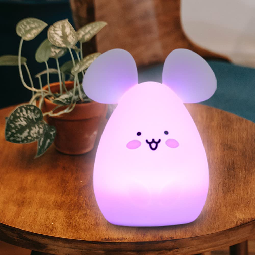 Lampka nocna dla dzieci, śliczne lampki do spania myszy dla dzieci, inteligentna lampka nocna USB 7 zmiana koloru z zegarem z czujnikiem dotykowym, silikonowa ładowalna noc Ciepłe światło dla