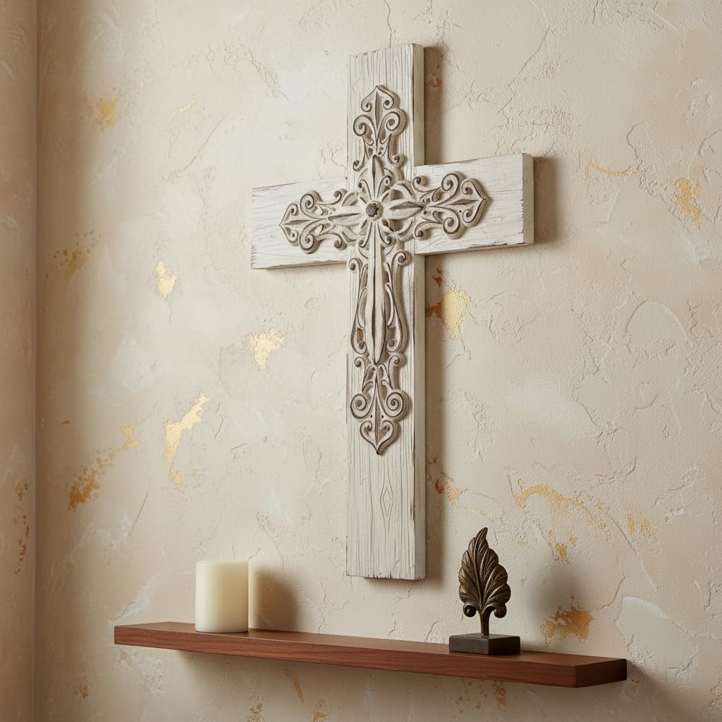 Comfy Hour 13" Decorative Layered Wall Cross, Antique Style Copper Tone Cross on Rustic Wood Look Base, Artisan Crafted Resin Plaque for Home and Office Wall Art (White)
