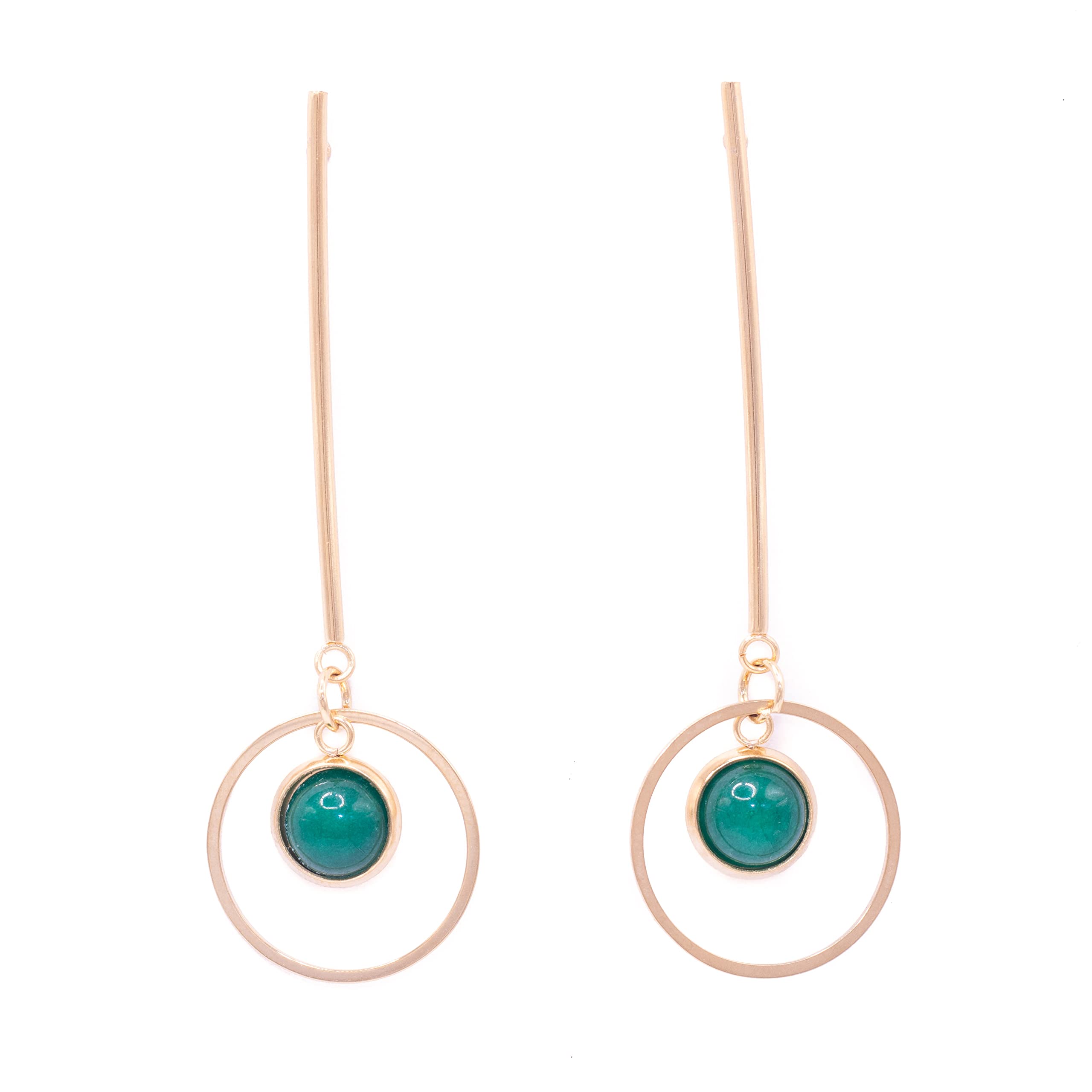 HandmadePendientes piedra natural y barra de acero inoxidable dorado. Pendientes mujer largos, colgantes piedra curativa, energética (jade verde)