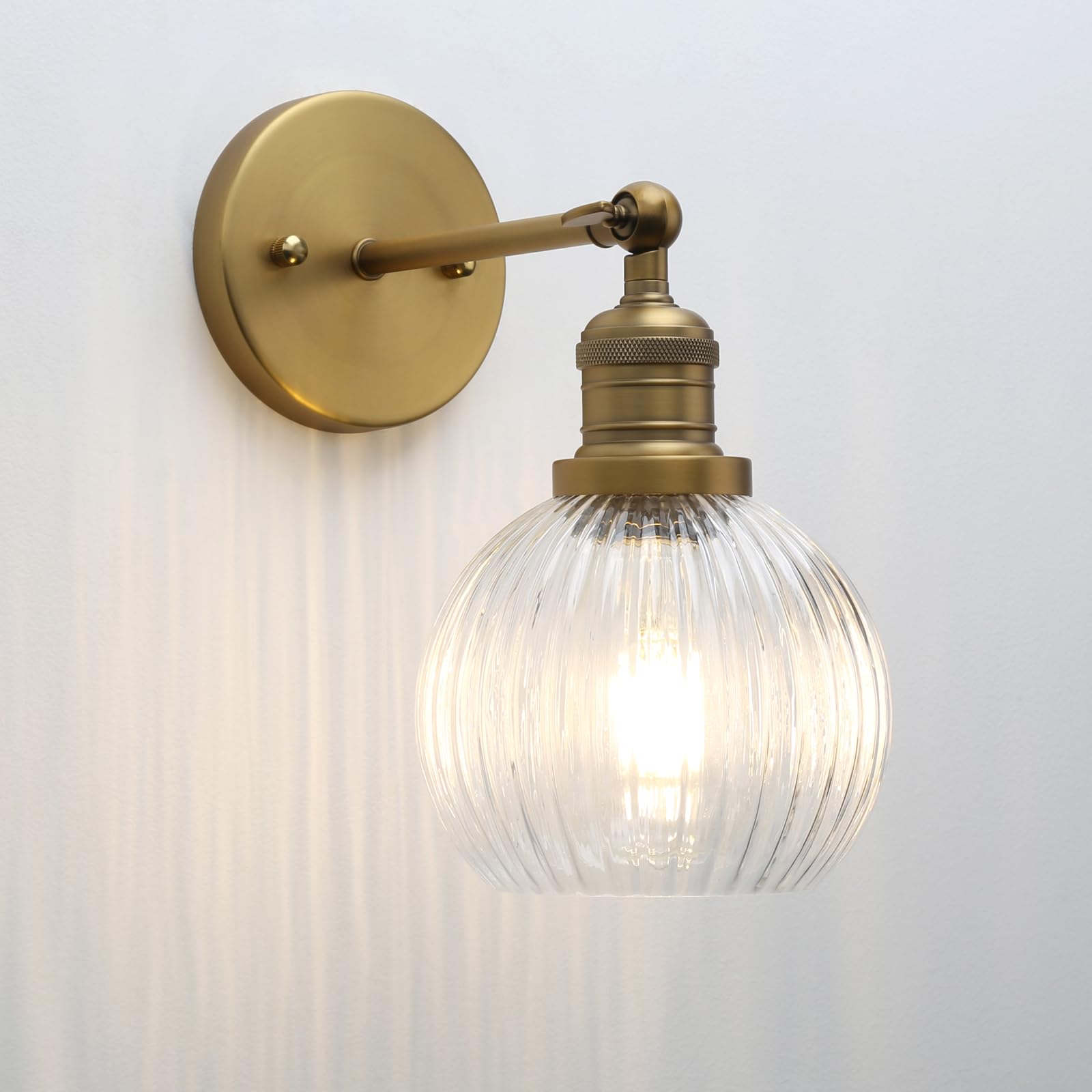 JIMUBEAM Vintage Wall Sconce 1-Light with Clear Striped Glass Globe Shade, Hardwired Modern Indoor Wall Vanity Light Fixture for Farmhouse Living Room