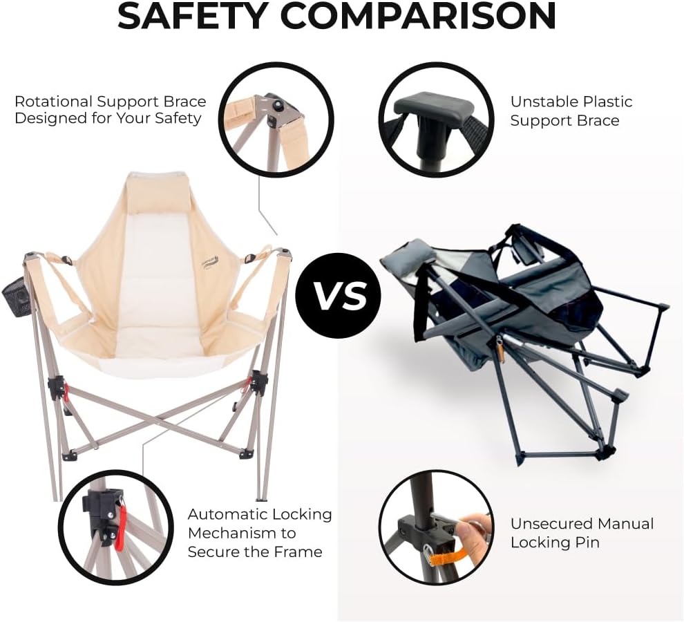 Camphor Designs Portable Swing Hammock Chair | Foldable Recliner Rocking Lounger with Headrest & Drink Holder | Outdoor Sports, Beach, Lawn, Hunting, Tailgating, Fishing | Supports 300Lbs (Beige)