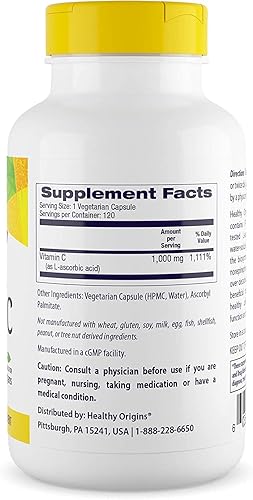 Miniatura 2 de Healthy Origins Vitamina C (sin OMG), 1,000 mg - Vitamina C vegana - Ácido ascórbico para apoyo inmunológico - Apoya la función celular - Suplemento