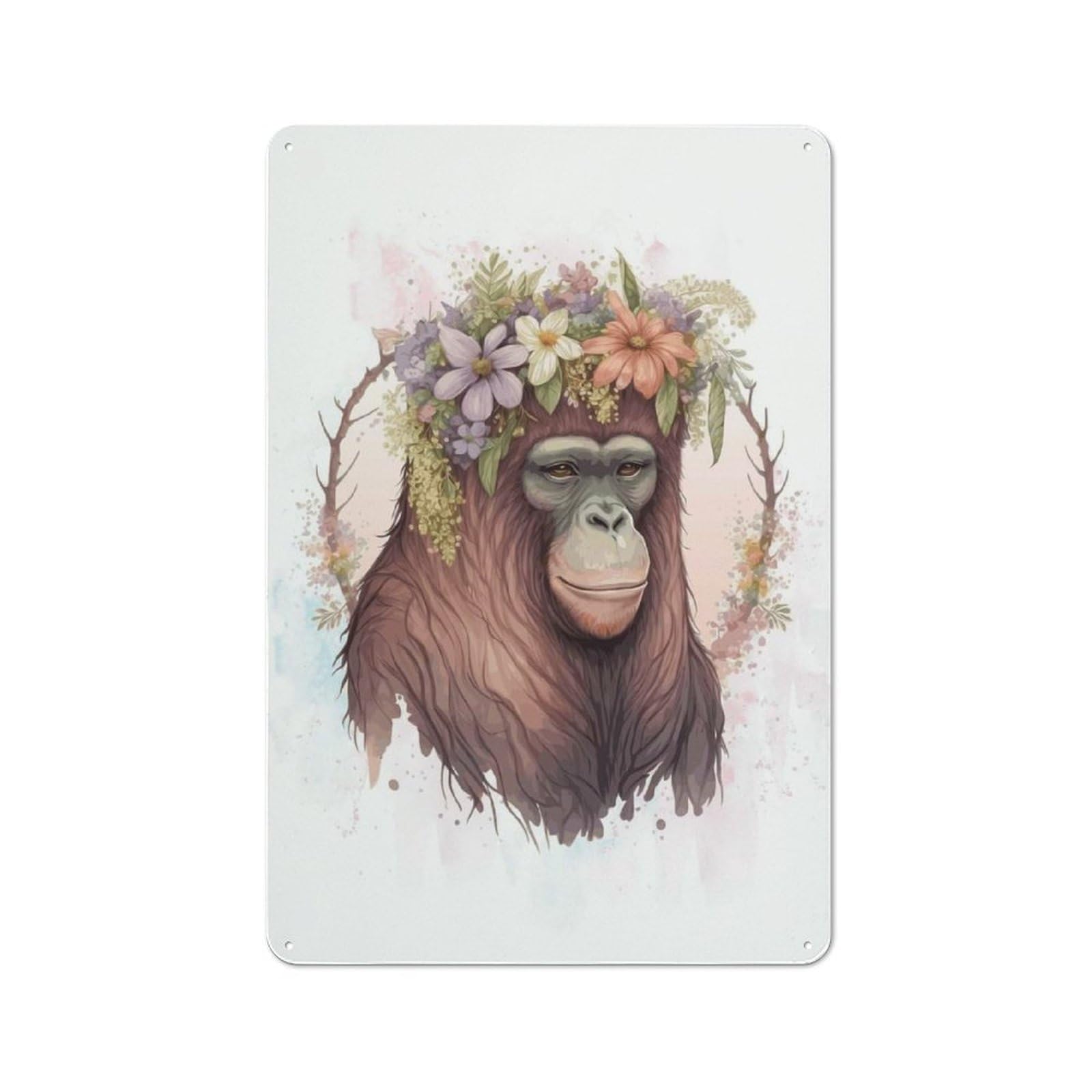 Junmoney Style-20 30X20cm Rustic Tin Sign With Floral Orangutan Painting For Studio Or Craft Room, Tin Sign Wall Decor For Studios And Craft Rooms