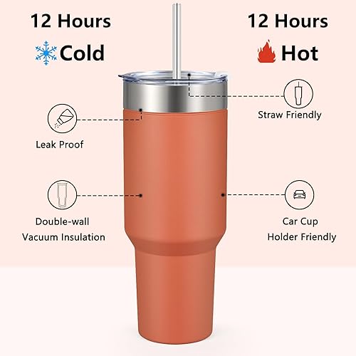 Miniatura 2 de Lifecapido Vaso de 40 onzas, vaso de acero inoxidable, vaso aislado al vacío de doble pared con tapas y pajitas, vaso de café aislado, taza de viaje