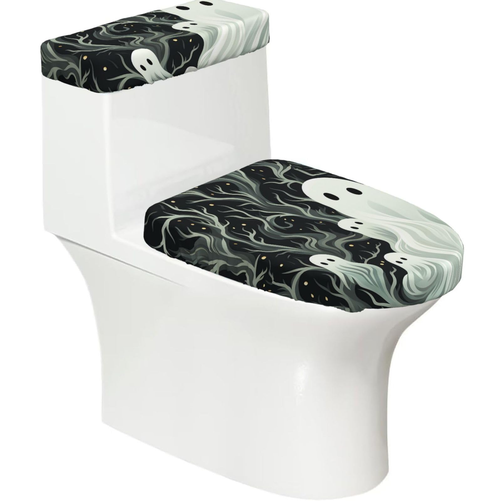 Fekiloot Black White Patterned Ghost Toilet Lid Cover And Toilet Tank Cover Set Of 2,Dust Splash Resistant Toilet Top Covers Soft Washable Toilet Lid Seat Cover For Bathroom Office Home Decor