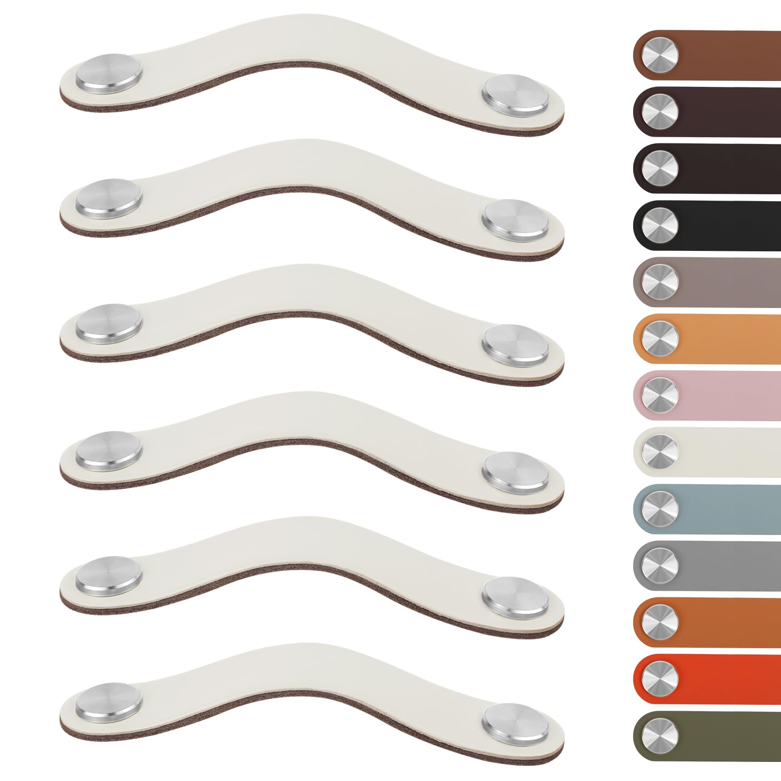LEREATI 6pcs Leather Drawer Handles Fit to 128mm Cupboard Hole Pitch, Faux Leather Pulls Cabinet Handles, Drawer Knobs for Kitchen, Bathroom, Dresser, Wardrobe (128mm Hole Center, Silver + Cream)