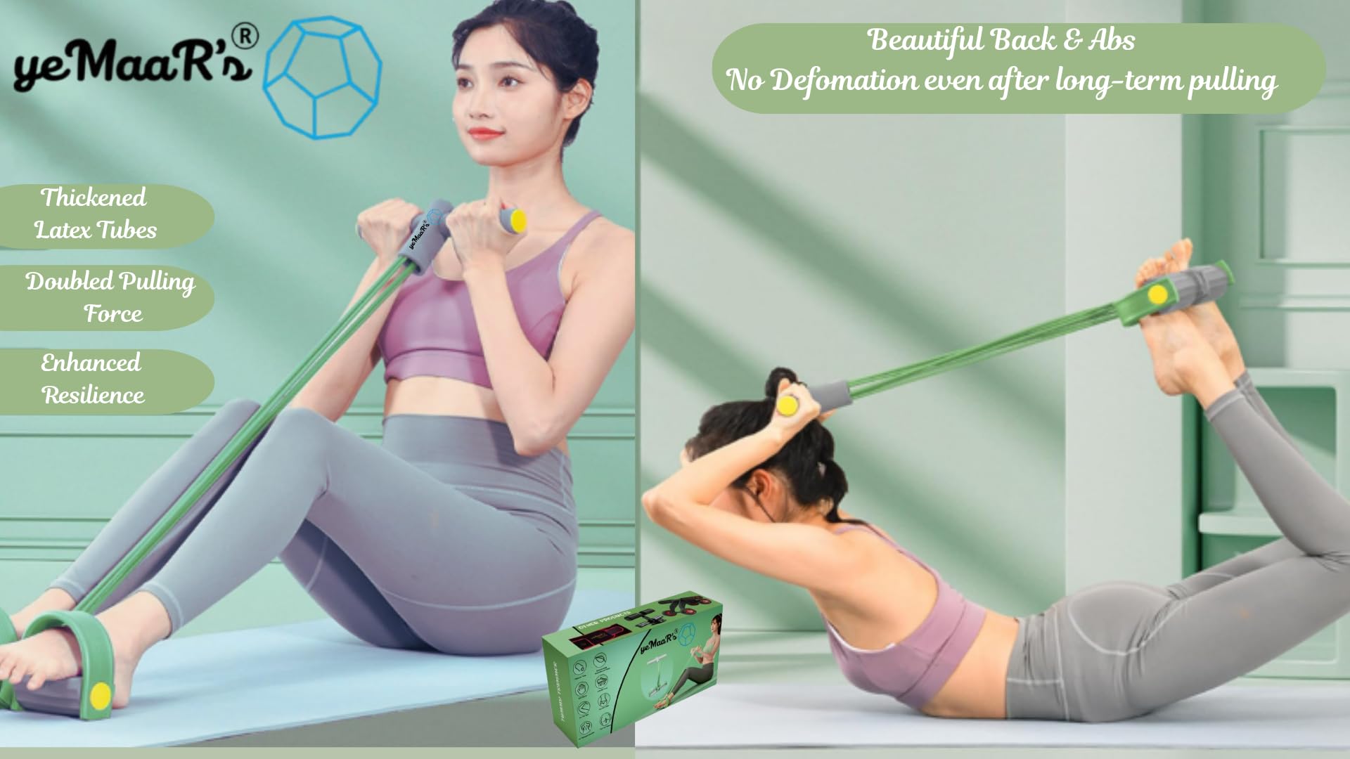 yeMaaR's GreenGrey Tension Rope 6 Tube Elastic Yoga Pedal Puller Fitness Equipment Abdomen Waist Stretching Slimming Tummy Trimmer Home Gym, Ab Exercise Belly Fat Exercise Equipment 3