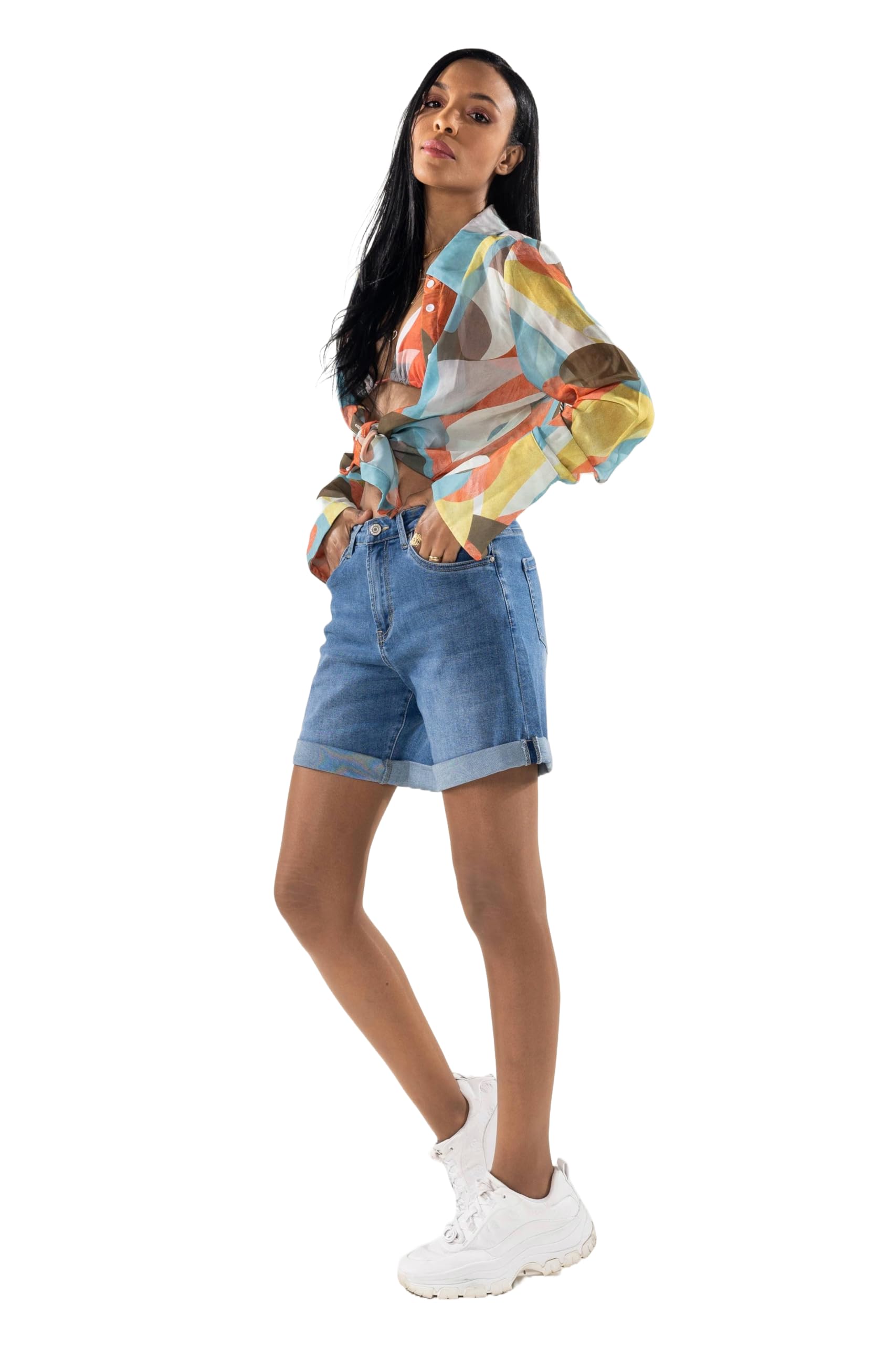 Nina Carter P208 Short en jean taille haute pour femme, look usé, mi-cuisse