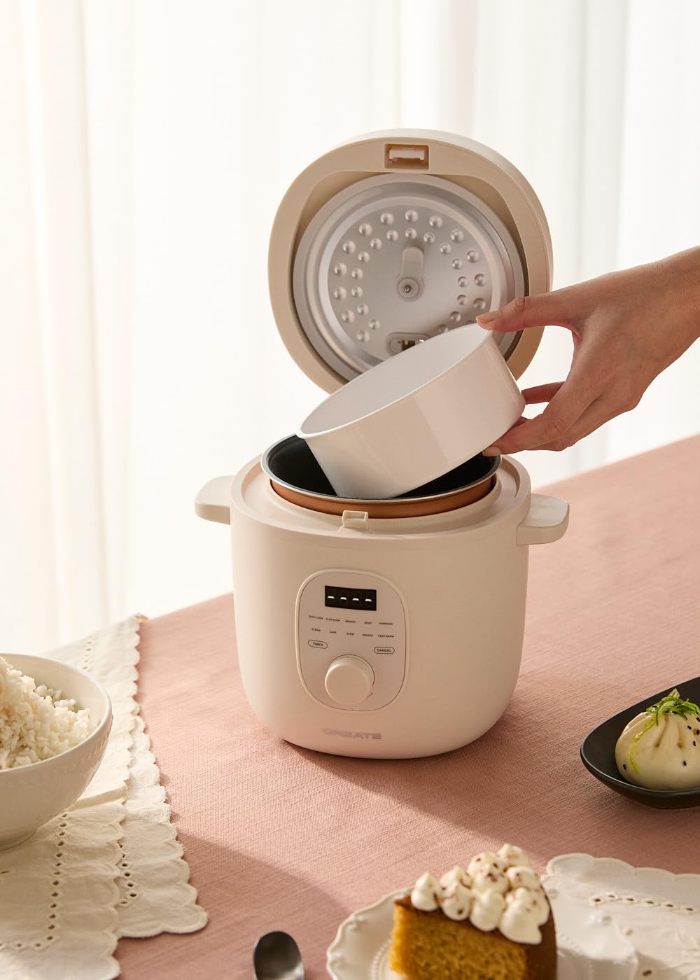 CREATE/RICE COOKER STUDIO/Arrocera eléctrica multifunción 1,2L blanco roto/Programable hasta 24h, con cesta vaporera, prepara tartas, guisos o sopas, función de mantener el calor, 300W