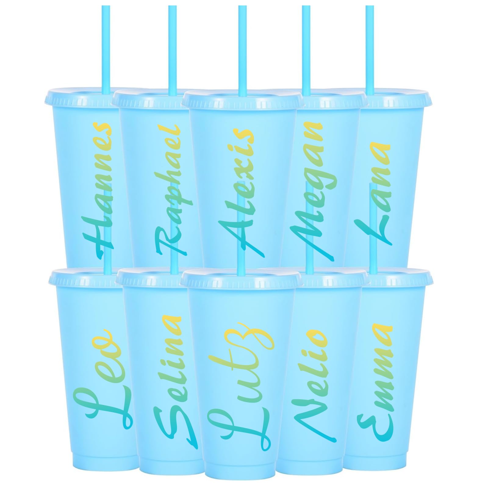 1-100 Pack Personalised Cold Cups with Lid and Straw, 24oz, Custom Name & Text Iced Coffee Travel Tumbler for Beach, Pool Gatherings Birthday Gift Hen Party Favours, Reusable Plastic Mug (Sky Blue)