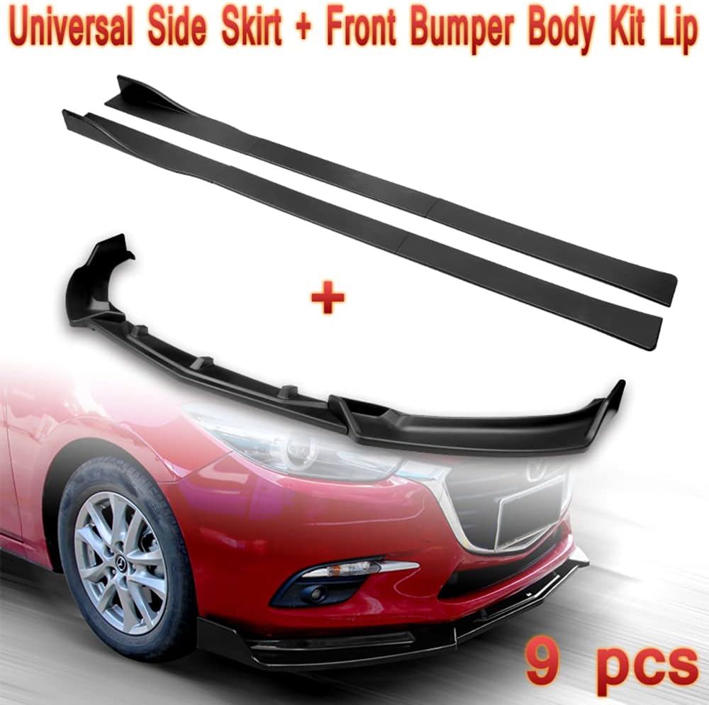9-Piece Front Bumper Lip Kit & Side Skirt Extensions Diffuser Set Compatible with 2014-2018 Mazda 3, Front Bumper Lip Spoiler Air Chin Body Splitter ABS, Matt Black, 2015 2016 2017