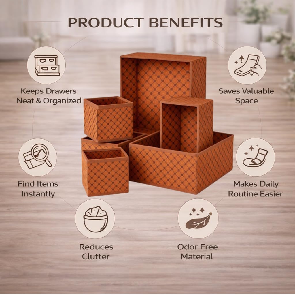 Closet Storage Bins Set of 6, Foldable Fabric Organizer Boxes for Clothes, Underwear, Socks & Accessories, Drawer & Shelf Storage Cubes