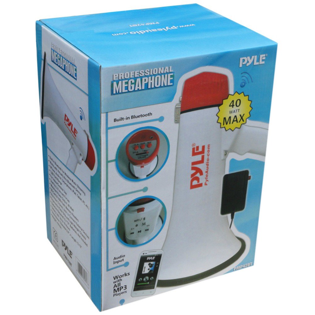 NEW 2015 !!!! MEGAFONO PROFESSIONALE PYLE PMP42BT BIANCO E ROSSO DA 40 WATT MAX CON FUNZIONE DI ALLARME UDIBILE FINO A 900 METRI CON INGRESSO USB SD CARD JACK 3,5 MM AUX E TECNOLOGIA BLUETOOTH INTEGRATA
