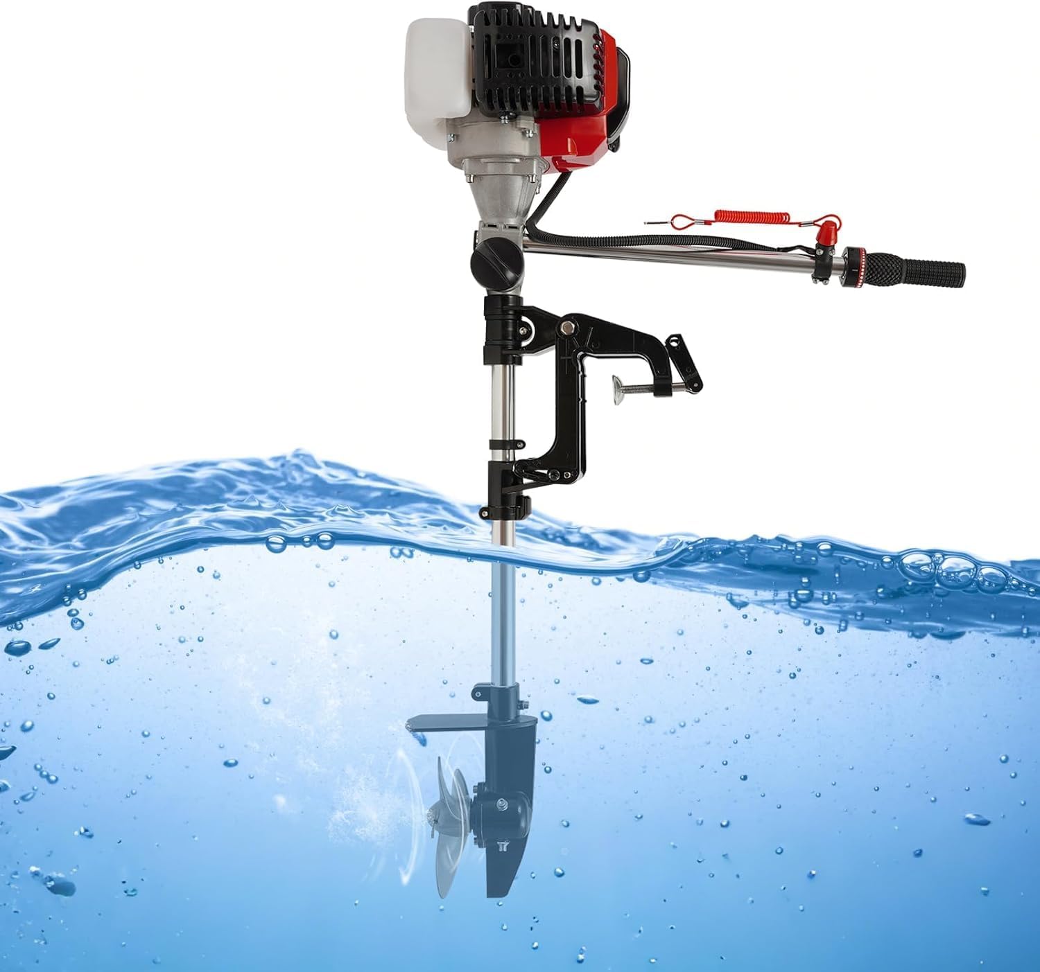 Heavy Duty 52CC 2.3 HP 2 Stroke Gas-Powered Outboard Motor Trolling Motor Boat Engine Long Shaft with Air Cooling System and Manual Pull Start for Inflatable Fishing Boats Yachts Water Sport Tools