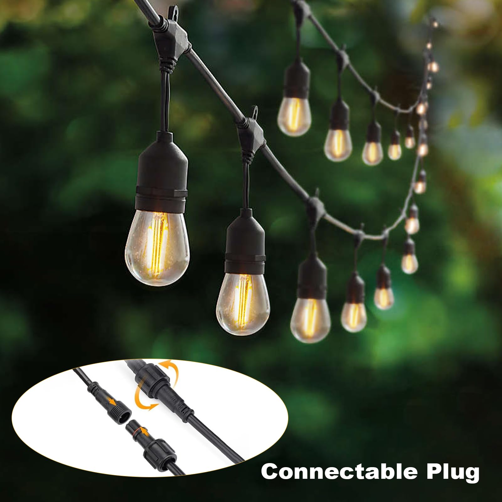 Lichterkette für den Außenbereich, 15 + 1 2 W, S14-Glühbirne, 12 m | 2700 K warmweiße S14 Garten-Soffitten-Lichterkette für Terrasse, Party, Hochzeit, Hof, Pavillon