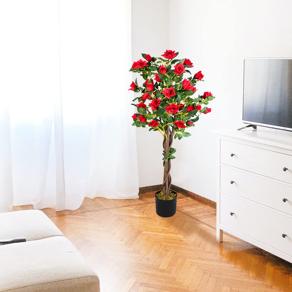 Rosa Rosal Planta Artificial Decoración Interiorismo Madera Natural 120cm 30 Flores DECOVEGO